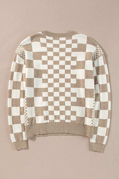 Checkered Print Drop Shoulder Pullover Sweater - Tigbul's Variety Fashion Shop