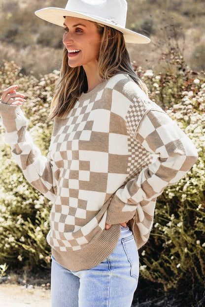 Checkered Print Drop Shoulder Pullover Sweater - Tigbul's Variety Fashion Shop