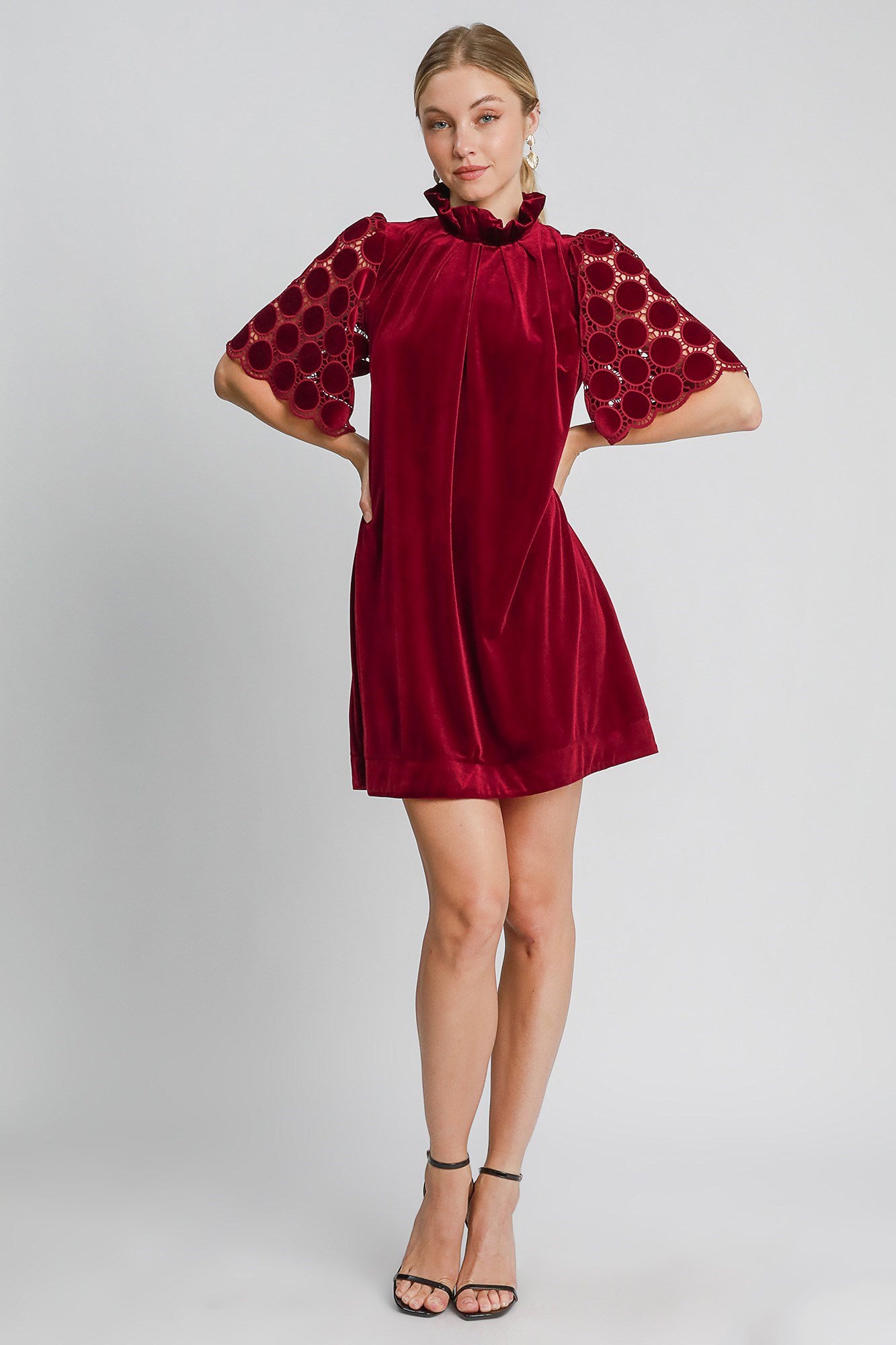 Umgee Dotted Lace Half Sleeve Mock Neck Back Tie Velvet Dress - Tigbul's Variety Fashion Shop