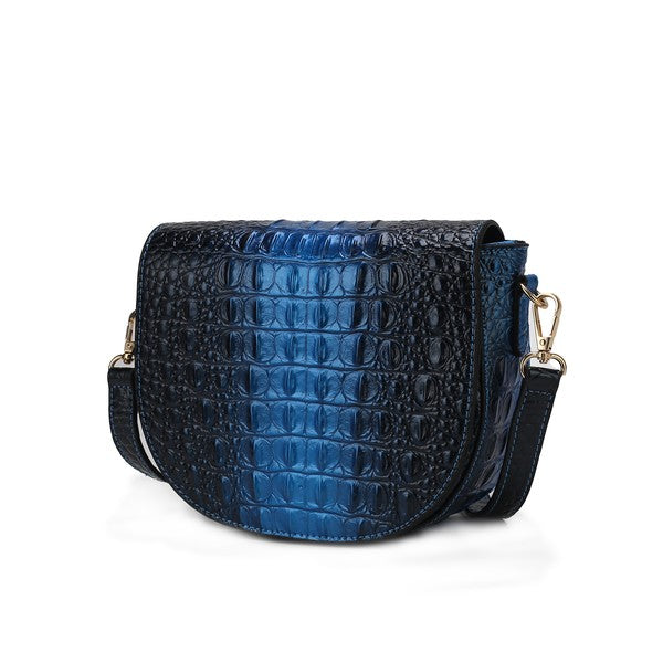 Amalia croc-embossed crossbody bag, dark blue with gold-tone hardware and short strap