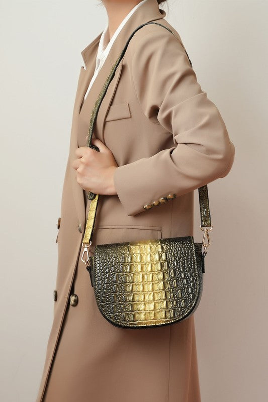 Amalia croc-embossed crossbody bag in dark green with gold trim and chain strap