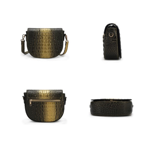 Amalia croc-embossed crossbody bag—gold-toned front views and side/back angles