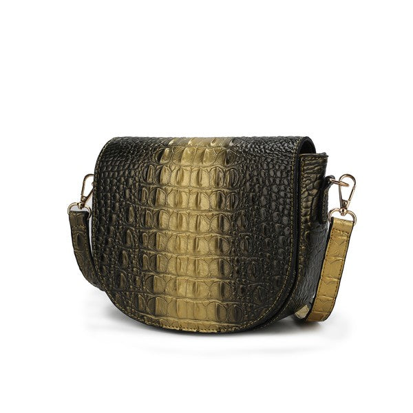 Amalia croc-embossed crossbody bag in black with gold-tone flap and side strap