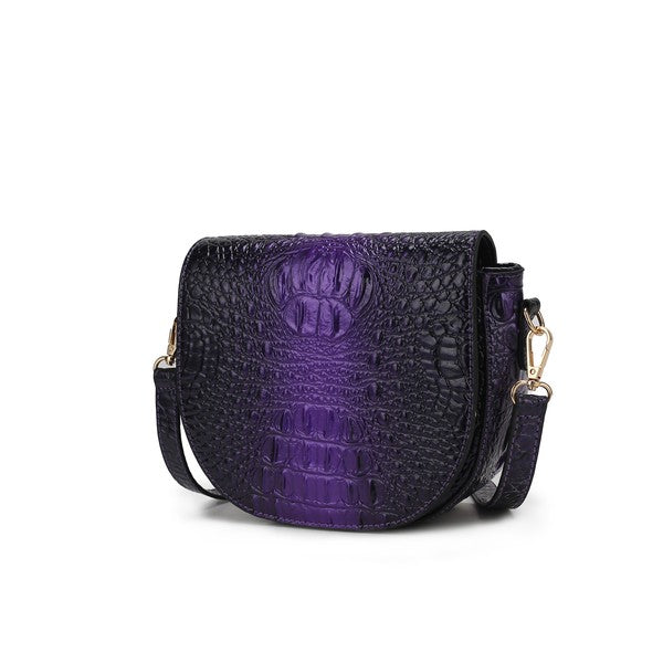 Amalia croc-embossed crossbody bag in purple with gold-tone hardware and adjustable strap