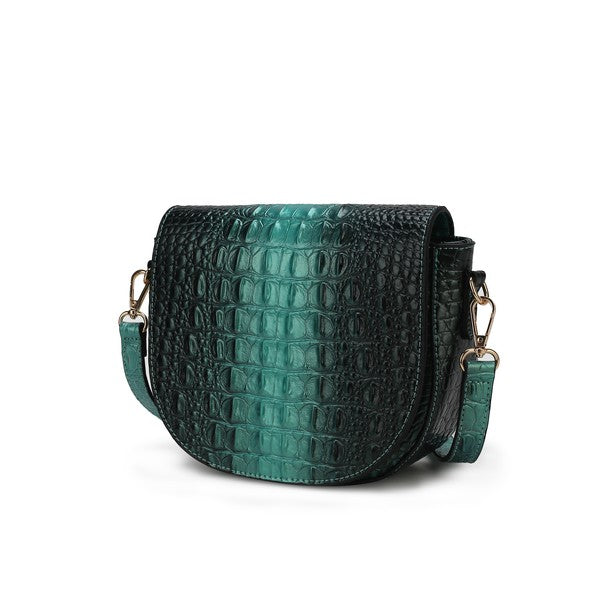 Amalia croc-embossed crossbody bag in teal green with gold-tone hardware and side strap