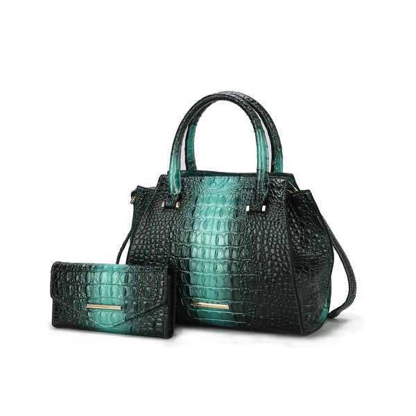 Dark and teal croc-embossed tote with matching wallet, gold bar hardware