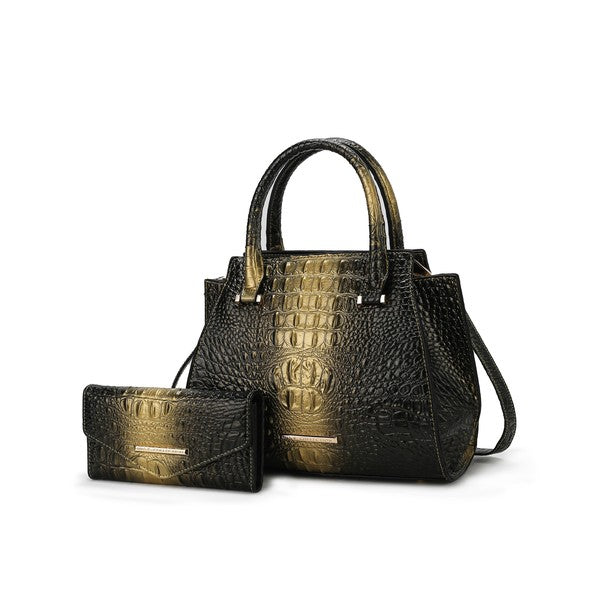 Gold and black croc-embossed tote set with matching wallet, gold bar accents