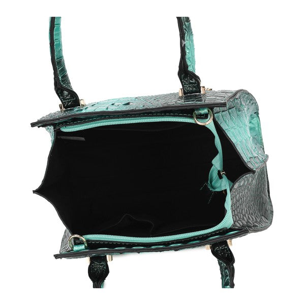 Teal croc-embossed tote interior with zip top and matching strap