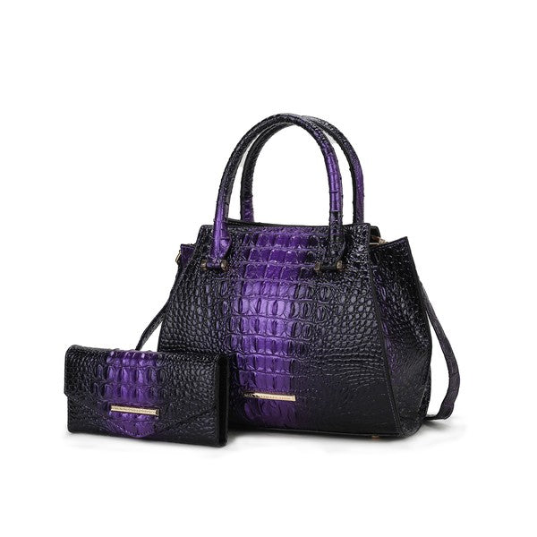 Purple croc-embossed tote set with matching wallet, dark panels and gold bar accents