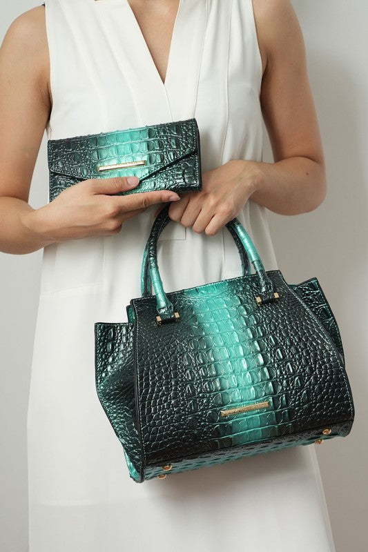 Croc-embossed green tote with matching flap wallet, gold bar hardware