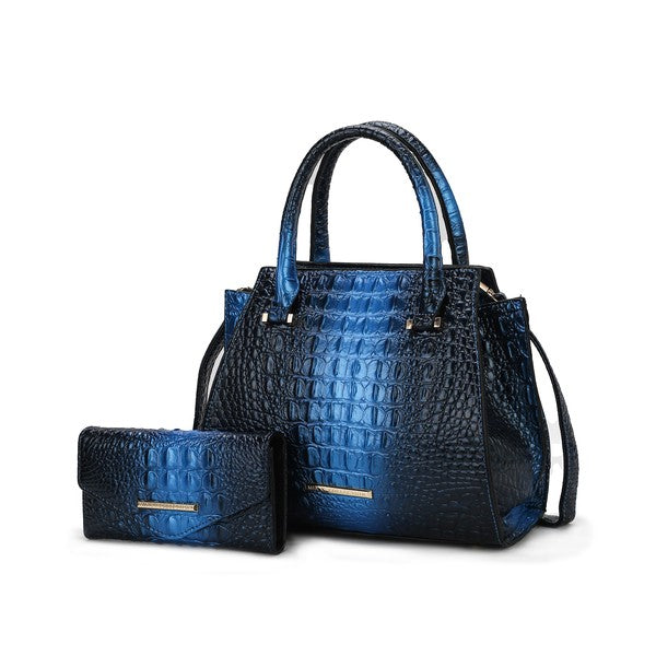 Blue and black croc-embossed tote set with matching wallet, gold bar accents