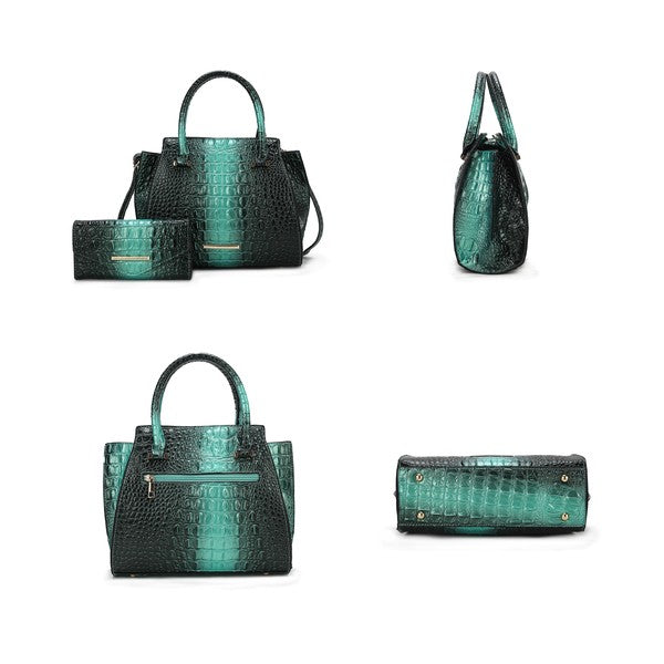 Teal croc-embossed tote with matching wallet set shown from multiple angles