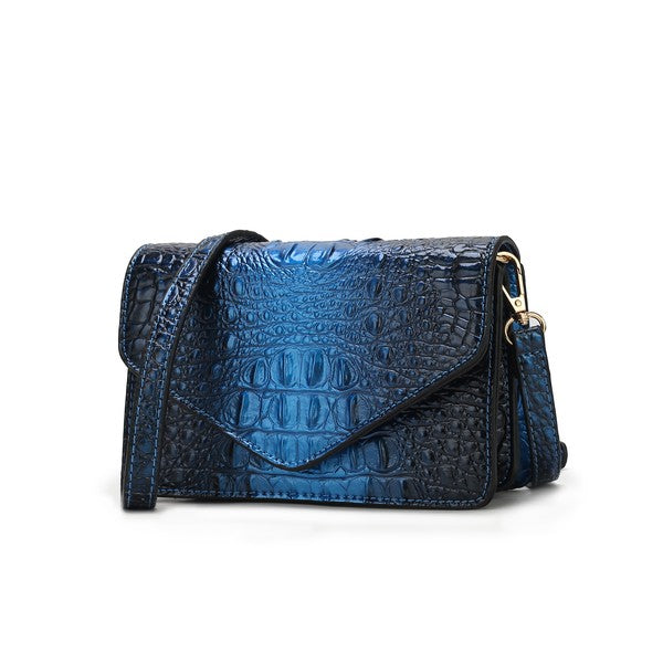 Vanta saddle bag con estampado cocodrilo azul y bandolera con herrajes dorados