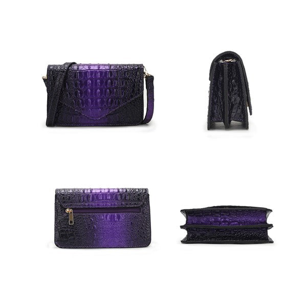Vanta saddle bag morada: vistas frontal, trasera y lateral con textura cocodrilo