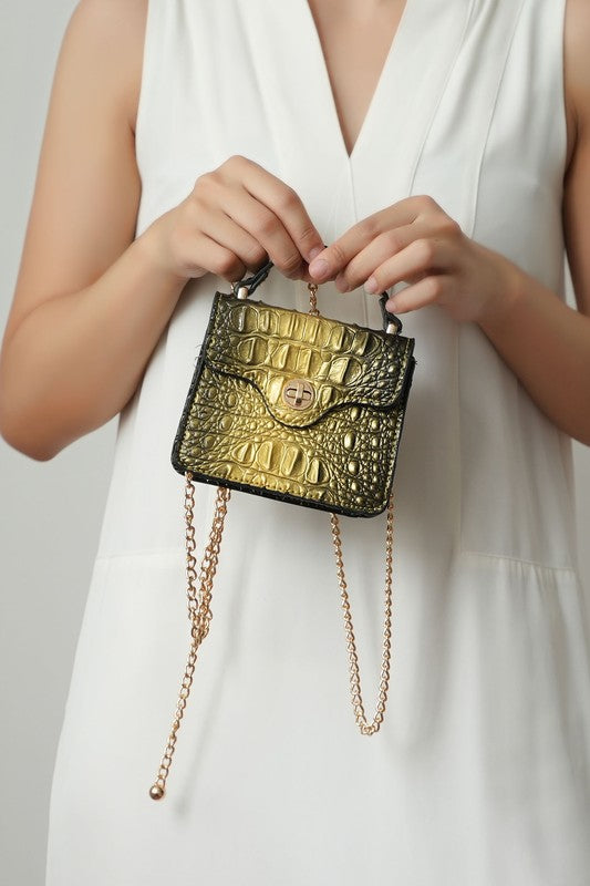 Mini satchel with chain strap, gold croc-texture flap and black trim