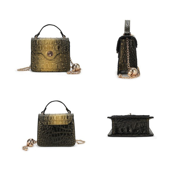 Gold and black mini satchel design views with chain straps and flap closures