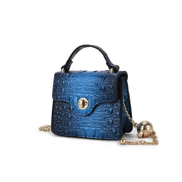 Blue mini satchel with chain strap, crocodile texture, front flap clasp
