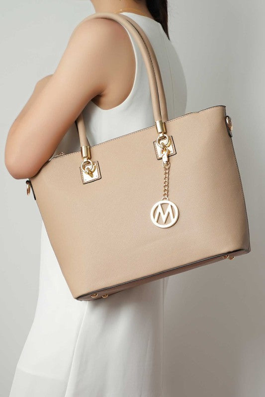 Vanessa tote and wallet set in blush with logo lock hardware and chain charm