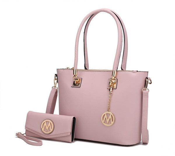 Vanessa tote and wallet set in light pink with logo charm, top handles, and wristlet