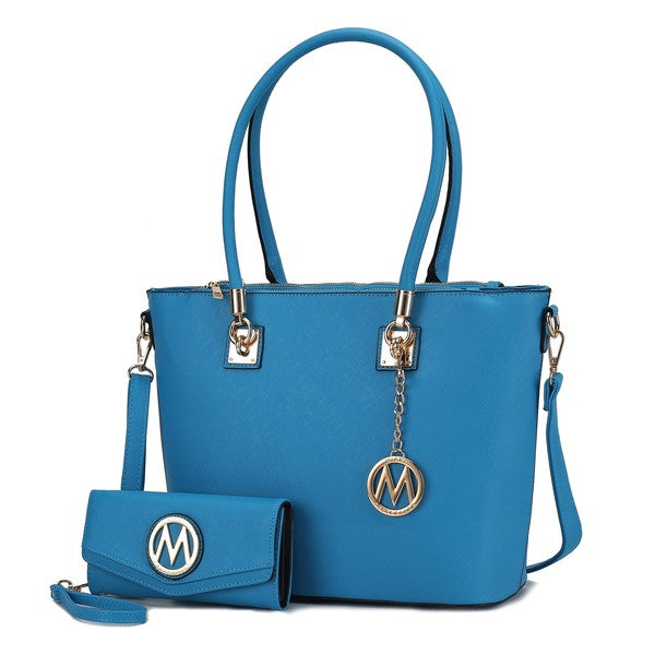 Turquoise blue Vanessa tote with matching wallet, top handles, crossbody strap, gold-tone hardware