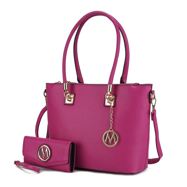 Vanessa tote and wallet set in fuchsia pink with matching logo wristlet and strap