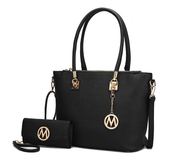 Vanessa tote and wallet set in black with front logo medallion and zip top