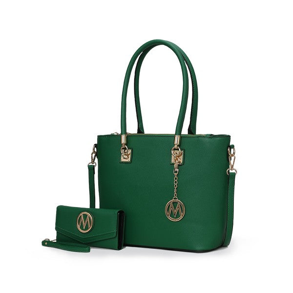 Vanessa tote and wallet set in green with logo medallion charm and zip-top tote