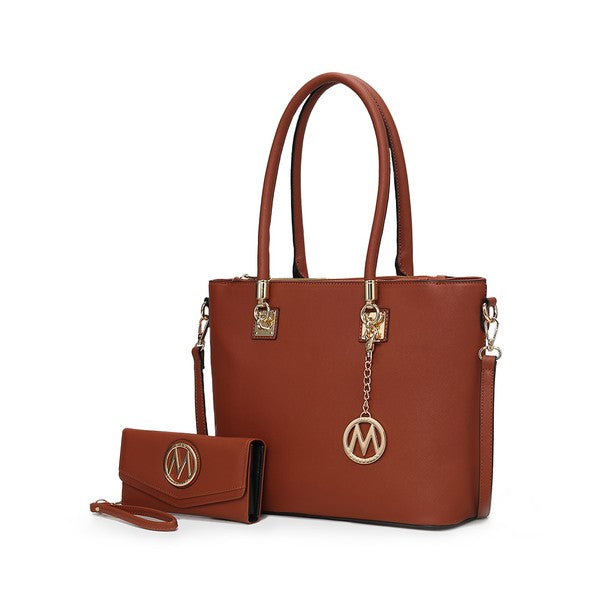 Vanessa tote and wallet set in rust brown with top handles, logo lock details