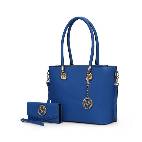 Royal blue Vanessa tote with matching wallet, top handles, crossbody strap, gold-tone hardware