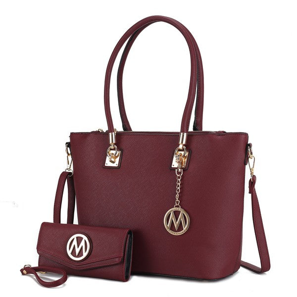 Wine Vanessa tote with matching wallet, top handles and shoulder strap, gold-tone hardware