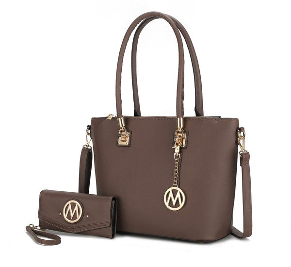 Coffee Vanessa tote with matching wallet, top handles, shoulder strap, gold-tone hardware