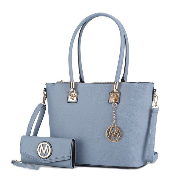 Vanessa tote and wallet set in light blue with front logo wallet and chain charm