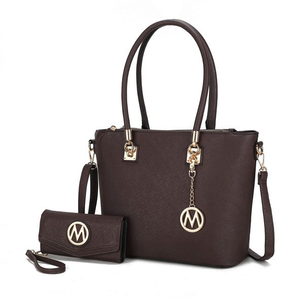Vanessa tote and wallet set in dark brown with logo medallion and matching wristlet