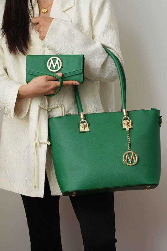 MKF Vanessa tote with matching wallet set, green handbag with logo charm and strap
