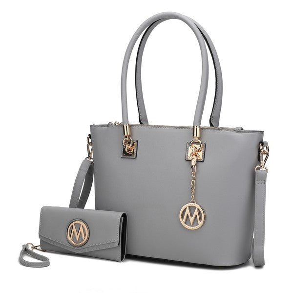 Light gray Vanessa tote with matching wallet, top handles, crossbody strap, gold-tone details