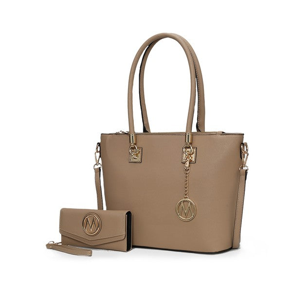 Vanessa tote and wallet set in taupe with top handles, logo medallion, and wristlet