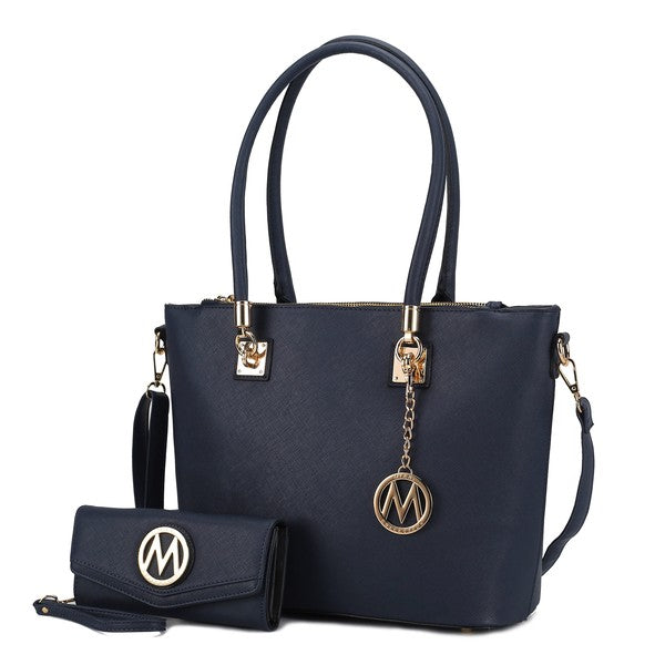 Navy Vanessa tote with matching wallet, top handles and crossbody strap, gold-tone hardware