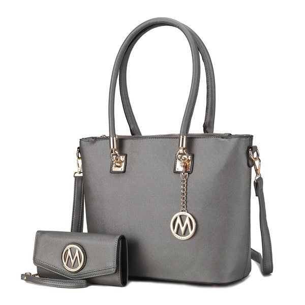 Charcoal Vanessa tote with matching wallet, top handles, shoulder strap, gold-tone hardware
