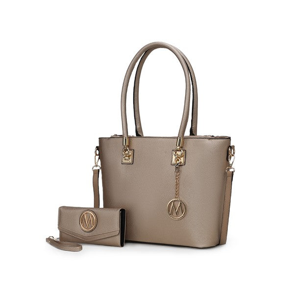 Taupe Vanessa tote with matching wallet, top handles, crossbody strap, gold-tone hardware