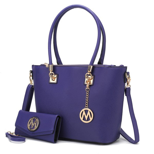 Purple Vanessa tote with matching wallet, top handles, crossbody strap, gold-tone details