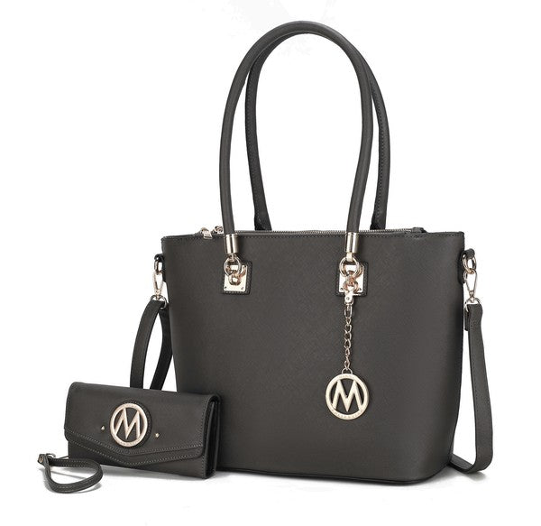 Black MKF Vanessa tote with matching wallet, top handles, shoulder strap, gold-tone hardware
