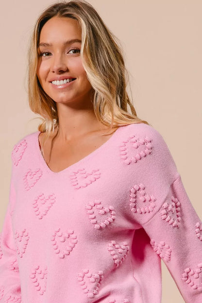 BiBi Valentines Heart Pompom V Neck Knit Top - Tigbul's Variety Fashion Shop