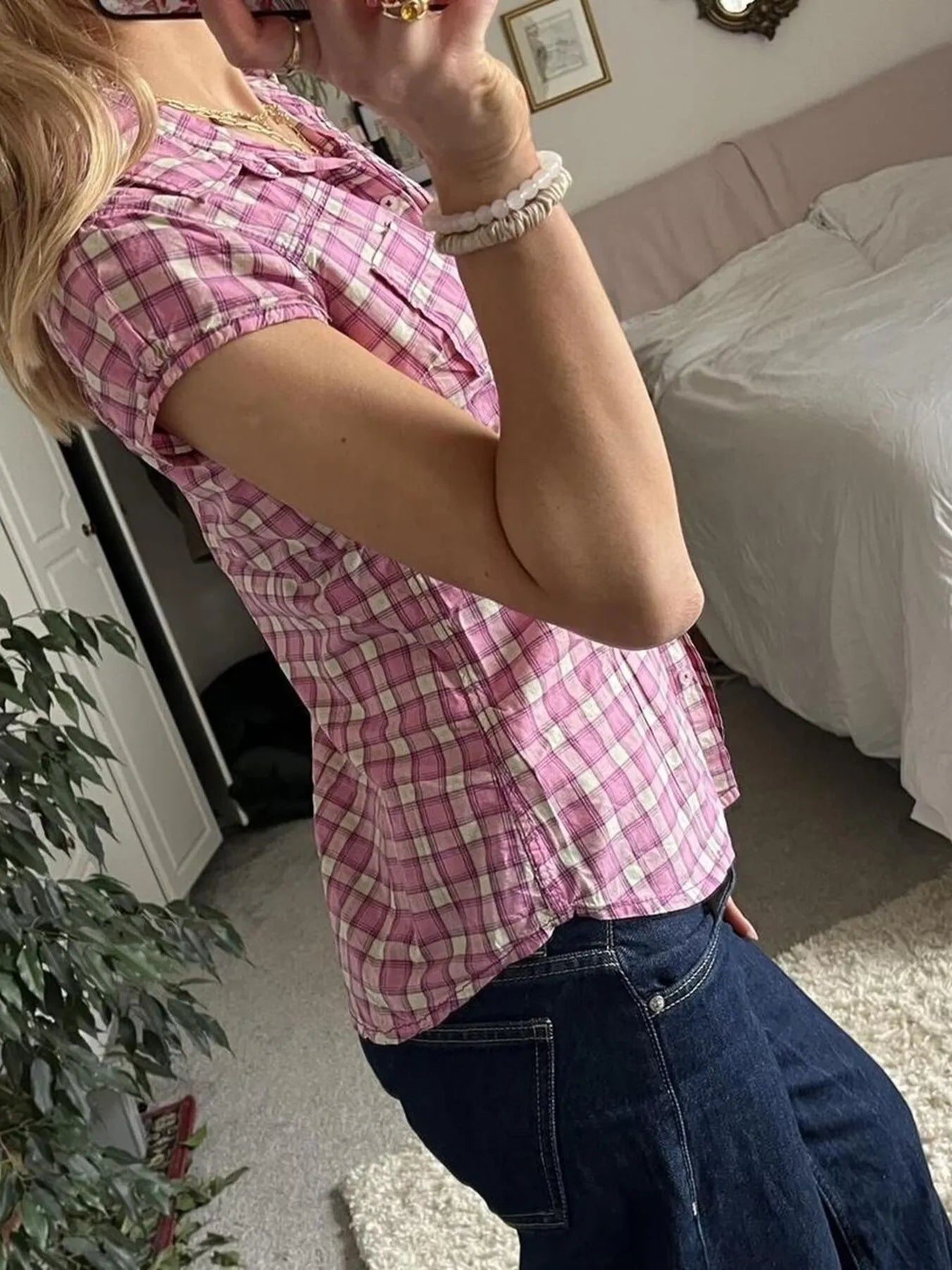 Plaid Cap Sleeve Button-Up Shirt - Tigbul's Variety Fashion Shop