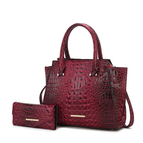 Viridiana Tote Bag in Dunkelfuchsia mit Kroko-Prägung und Mini-Clutch im Set
