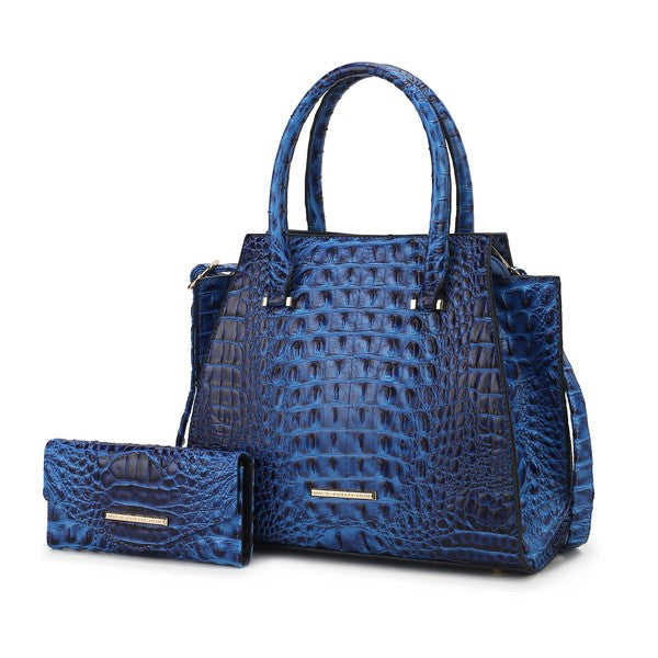 Viridiana Tote Bag in Royalblau mit Kroko-Prägung, Tragehenkeln und Zubehör