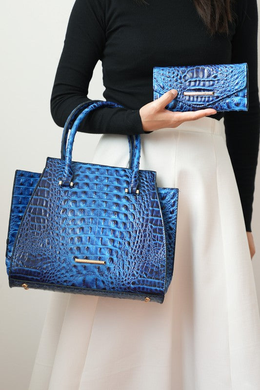 MKF Collection Viridiana Tote Bag in Royalblau mit Kroko-Prägung und Henkel-Set