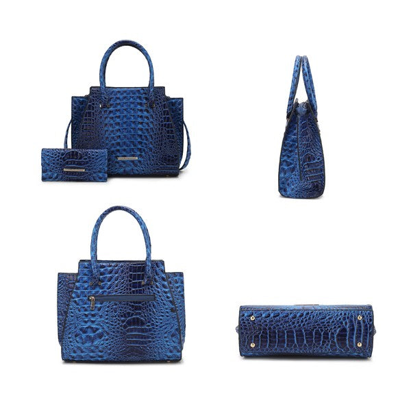Royal blue croc-embossed tote bag with matching small clutch, front and side views