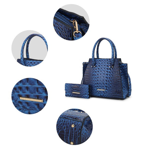 Viridiana croc-embossed tote bag in royal blue, with zip pocket and close-up panels