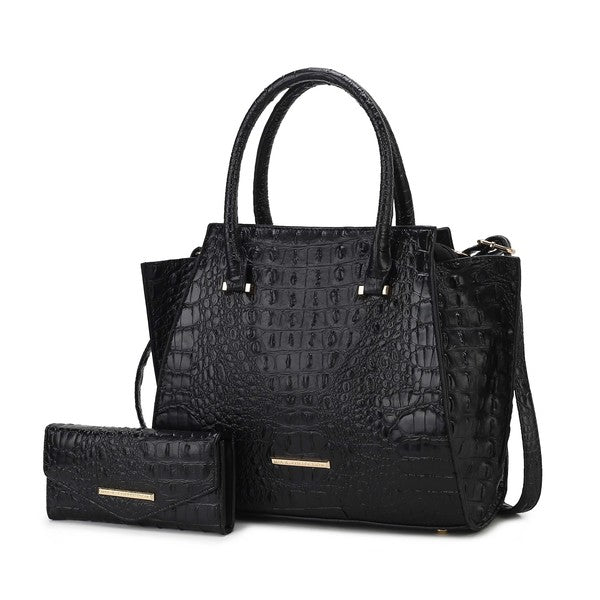 Viridiana Tote Bag mit Kroko-Prägung in Schwarz, Doppelhenkel und passender Mini-Tasche