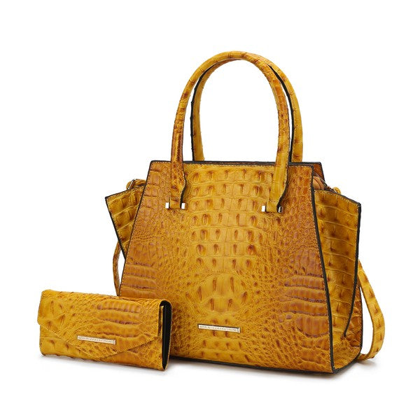 Viridiana Tote Bag in Gelb mit Kroko-Prägung, kurzem Griff und Mini-Tasche im Set